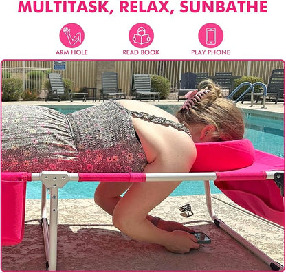 Tanning Chair with Sun Canopy Face Hole Softer Padded Adjustable Washable, Heavy Duty Layout Folding Lounge Chair for Adults Outside Beach Reading Sunbathing Poolside, UPF 50+ Sun Shade, Pink, 300 LBS