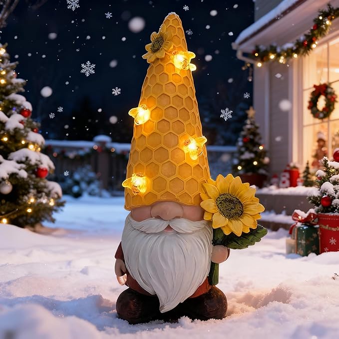 12.3''Garden Gnomes Outdoor Statues Clearance for Garden Decor with Solar Bee Lights,Christmas Decorations Gnomes Outside Decor - Sunflower Gift for Women Mom,Yard Art Ornament for Patio Lawn
