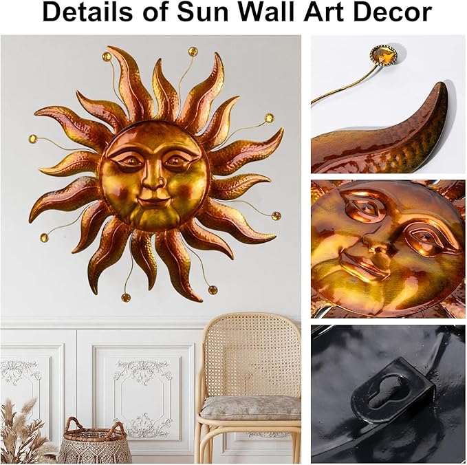 Metal Sun Wall Art Decor Outdoor 26'', Large Gold Sun Wall Decor Garden Metal Art Outside Hanging for Living Room, Bedroom, Fence, Yard, Porch, Balcony and Patio Decorations