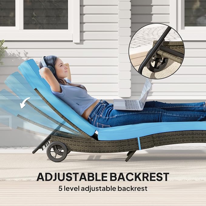 Outsunny Wicker Chaise Lounge Chair Outdoor with Wheels & Cushion, PE Rattan Patio Lounge Chair with 5-Level Adjustable Backrest for Poolside, Garden, Sky Blue