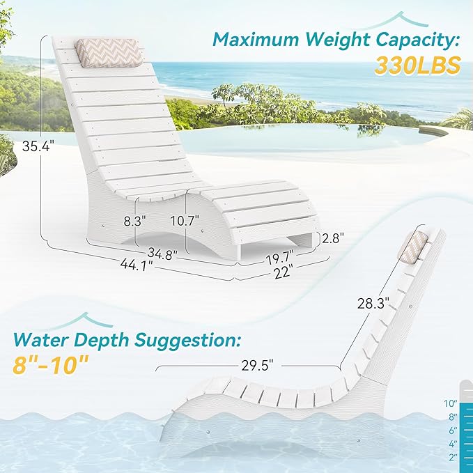 LUE BONA HDPS Pool Chairs Set of 2, Fade-Resistant Use in Pools Up to 10-Inches Deep Pools Lounge Chair for Sun Shelf, Chaise Lounger with Headrest for Outside Pool Deck
