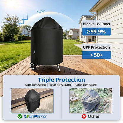 SunPatio Heavy Duty Waterproof Grill Cover Compatible for Weber, Big Green Egg, Char-Broil 22 Inch Charcoal Kettle Grills, Outdoor FadeStop BBQ Cover, Compared to Weber 7150, 27.5" Dia x 38" H