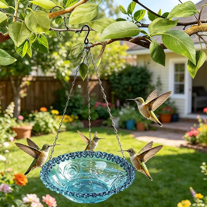 3-Tier Hanging Solar Bird Bath Fountain, Solar Pump Cascading Water Feeder with 16.4FT Extra Long Cord, Large Bird Bowl for Hummingbirds Wild Birds (4PCS-Bule)