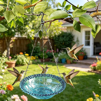 3-Tier Hanging Solar Bird Bath Fountain, Solar Pump Cascading Water Feeder with 16.4FT Extra Long Cord, Large Bird Bowl for Hummingbirds Wild Birds (4PCS-Bule)