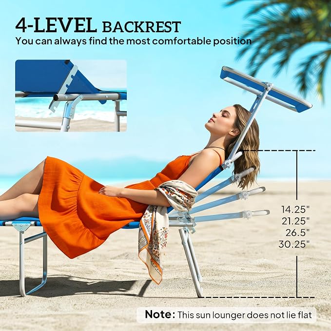 Outsunny Outdoor Lounge Chairs Set of 2, Adjustable Folding Chaise Lounges, Tanning Chairs with Sun Shade for Beach, Camping, Hiking, Backyard, Blue