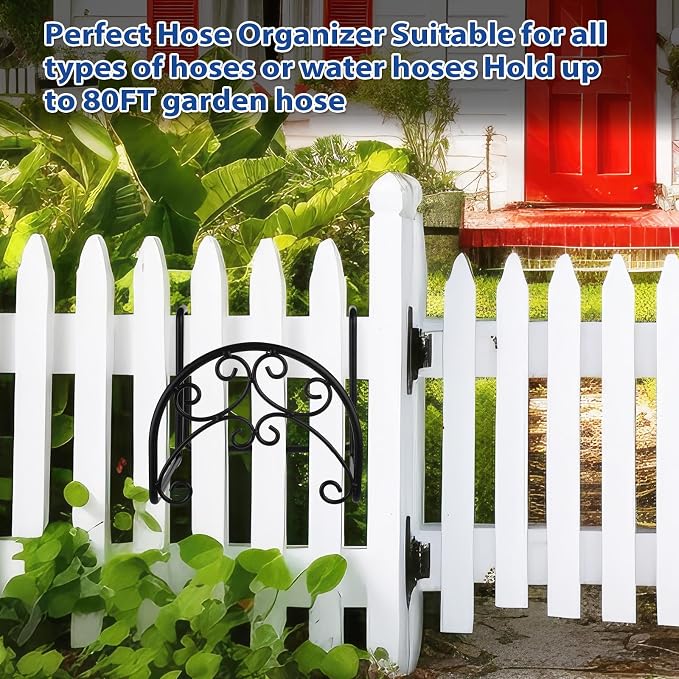 Wonderjune 2 Pcs Hose Holder Wall Mount Garden Heavy Duty Hanger Fits 3/4 Inch to 1-1/4 Inch Railing for Expandable Hose Reel Water Pocket Flexible Hook(Black)