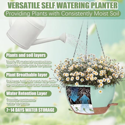 Sliner Set of 4-12 Inch Self Watering Hanging Planters Includes Hanging Pots and Outdoor Hanger Plant Pots with Drainage Holes 2 Types of Hanger Basket Hooks for Patio Garden(Green Brown)