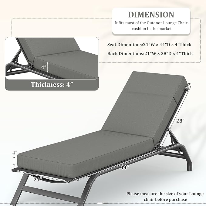 Chaise Lounge Cushions Outdoor, 72" L X 21" W X 4" D Lounge Chair Cushions for Outdoor Furniture, High-Density Foam Outdoor Chaise Cushion-Waterproof Fade-Resistant ThickPatio lounge chair cushion