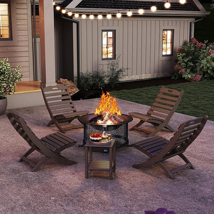GREENVINES 3 Pieces Patio Furniture Set | Outdoor Bistro Sets for 2 | HDPE Wood Grain | Folding-Adirondack-Chairs-with-Side-Table | All Weather | Xavier Chair | for Porch Deck Poolside | Dark Brown