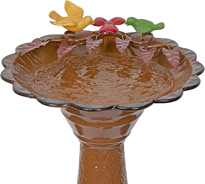 Alpine Corporation ORS112BR Vintage Outdoor Shallow Bowl Metal Pedestal Birdbath with Stand, 28" H, Brown