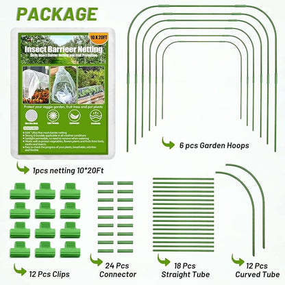 Cludoo 67pcs Garden Mesh Netting Kit,6 Sets Wide Garden Hoops with 10x20 ft Garden Covers Bird Netting& 12 Clips, Garden Protection for Raised Beds Greenhouse Vegetable Plants Flowers Animals