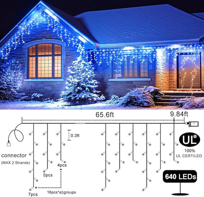 Icicle Christmas Lights Outdoor, 66ft 640 LED Blue and White Christmas Lights 8 Modes with 120 Drops, Waterproof Icicle Light Plug in for Indoor Outside Party Holiday Xmas Halloween Decorations