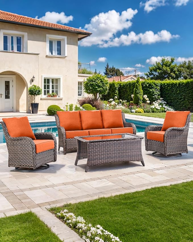 Luxury 22x24/22x25 6-Inch Outdoor Cushions for 5 Peice Patio Furniture Set - Set of 5 Water-Resistant Pillow for Dining Rocking Swivel Chairs Loveseat Couch Sectional Sofa - Orange