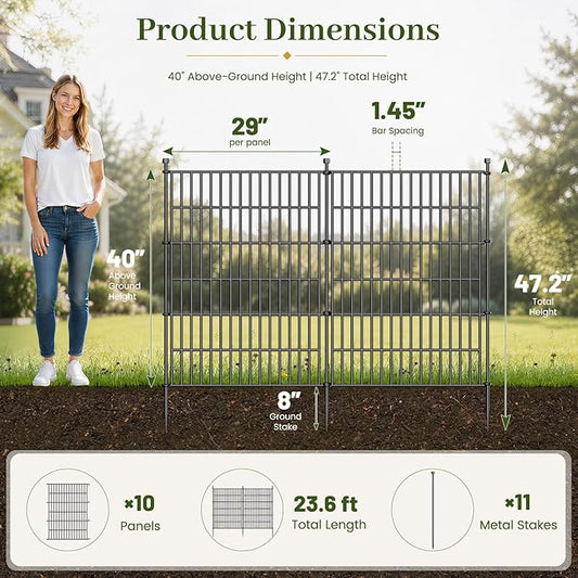 10 Panels No Dig Decorative Outdoor Garden Fence for Yard, 40 in(H) X 23.6 ft(L) Animal Barrier Fencing Rustproof Metal Wire Panel Border for Dog, Rabbits, and Patio Temporary Ground Stakes