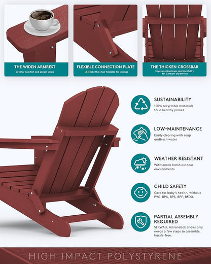 SERWALL Folding Adirondack Chair Set of 6 Weather Resistant Lawn Chairs with Cup Holder for Patio - Red
