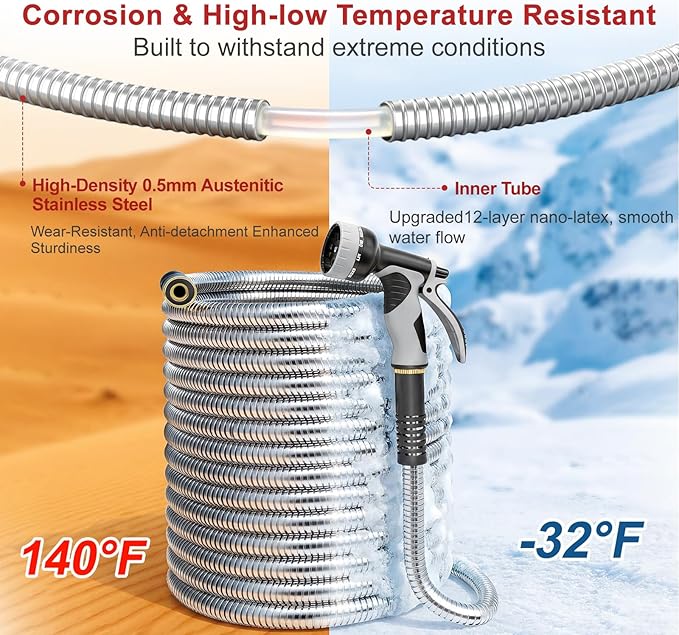 Lefree 100ft Metal Garden Hose - Heavy Duty 304 Stainless Steel Flexible Water Hose, No Kinks & Leak-Proof with Upgraded Handle, 10-Function Spray Nozzle & 4 Spare Gaskets for Yard, RV, Pet Bath