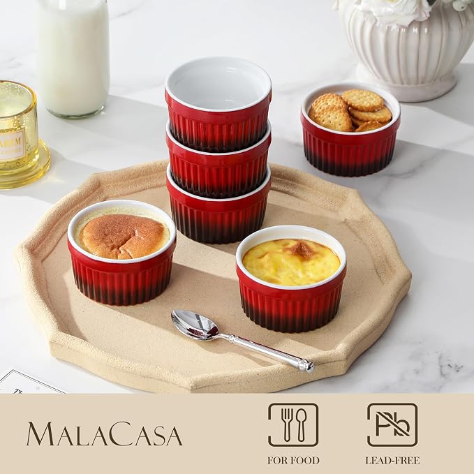 MALACASA Ramekins 4 oz Oven Safe, Small Ceramic Souffle Dishes for Creme Brulee Souffle, Stoneware Custard Cups Ramiken for Baking, Baking Bowls Dipping Sauce Dish Set of 6, Red, Series RAMEKIN-DISH