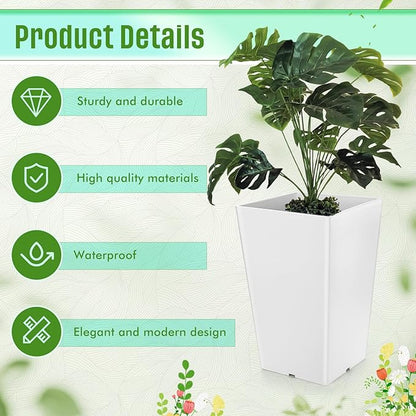 Set of 2 15.75 Inch Large Taper Planters Outdoor Indoor Tall Resin Flower Pots with Drainage Holes Modern for Front Door Patio Backyard Plants(White)