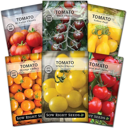 Sow Right Seeds - Cherry Tomato Seed Collection for Planting - Black, Large Red, White, Orange, Bi-Color Cherry and Yellow Pear Tomatoes - Non-GMO Heirloom Varieties to Plant a Home Vegetable Garden