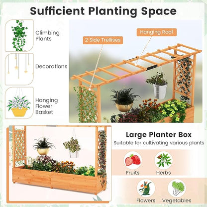 S AFSTAR 45-Inch Raised Garden Bed with Arch Trellis, Hanging Roof, Planter Box, Drainage Holes, Vertical Plant Container for Vine Climbing Plant Flower, Standing Wood Planter for Garden Patio Yard