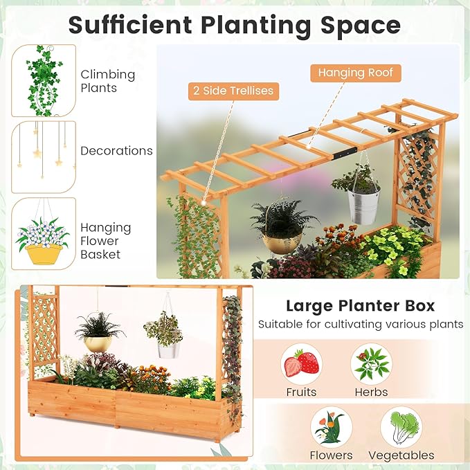 S AFSTAR 45-Inch Raised Garden Bed with Arch Trellis, Hanging Roof, Planter Box, Drainage Holes, Vertical Plant Container for Vine Climbing Plant Flower, Flower Bed Wood Planter for Indoor & Outdoor