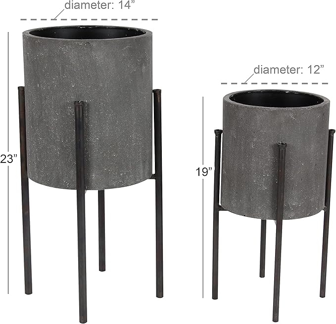 Deco 79 Metal Indoor Outdoor Planter Textured Exterior Large Planter Pot with Removable Stand, Set of 2 Planters 19", 23"H, Gray