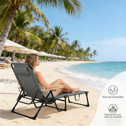 Foldable Chaise Lounge Chair Outdoor, Tanning Chair with 4-Position Reclining Back, Folding Sun Lounger, Outdoor Lounge Chair for Beach, Poolside, Backyard, Camping, UPF 50+, 300 LBS