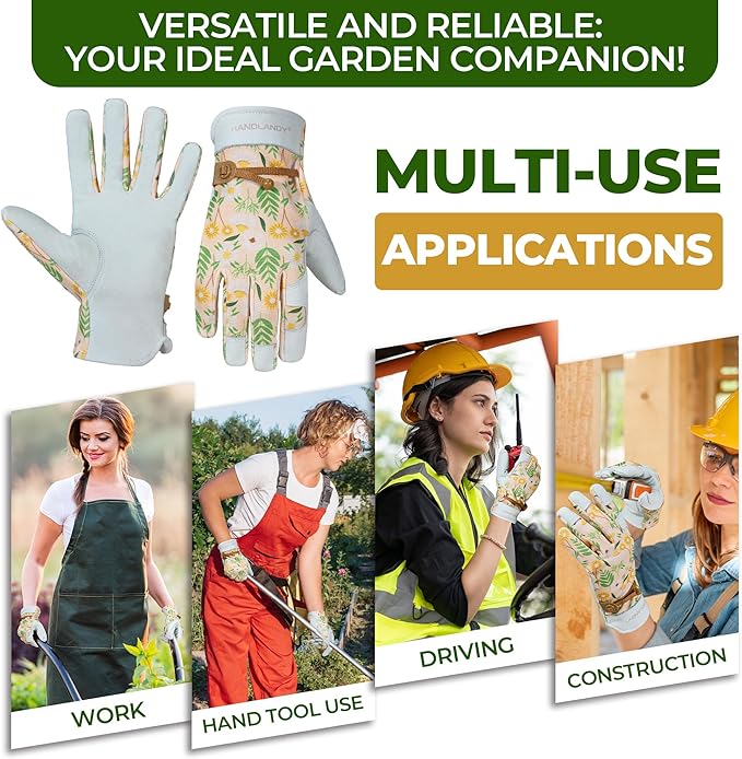 HANDLANDY Gardening Gloves for Women, Breathable Ladies Leather Garden Yard Gloves Best Gift for Gardeners