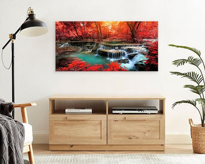 Muolunna BK03998 Wall Art Decor Canvas Print Picture Red Forest Waterfalls 1 Piece Modern Landscape Tree for Living Room Bedroom Office Home Decorations Stretched and Framed Ready to Hang