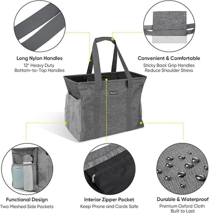 BALEINE Extra Large Utility Tote Bag with Reinforced Wire Frame, Reusable Grocery Bag for Shopping, Picnic (Grey, 16.5''x14''x10'')
