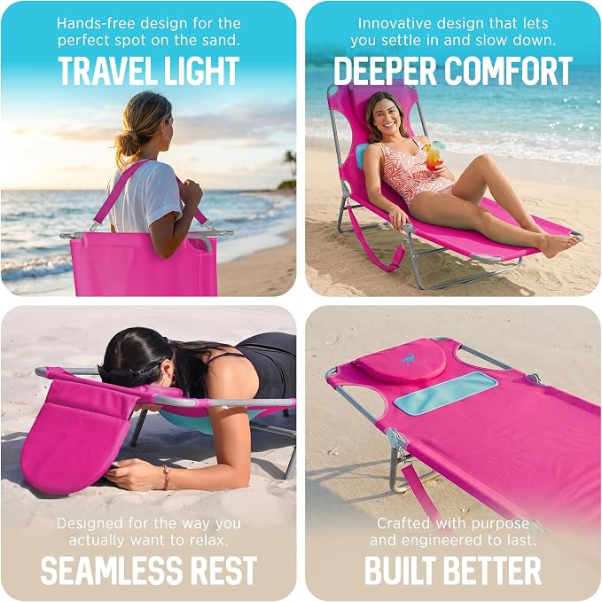 Ostrich the Ladies Comfort Lounger with Chest Support, Foldable and Portable Reclining Outdoor Patio Beach Lawn Camping Pool Tanning Chair, Pink