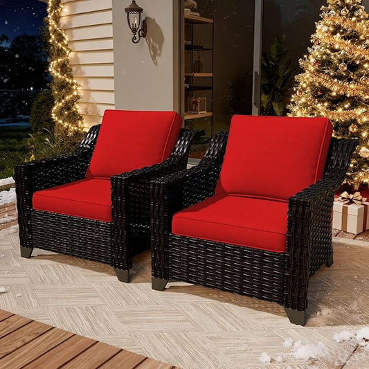 VistaVibe 2 Pieces Outdoor Armchairs, Patio Conversation Furniture Set, Washable Cushions, Luxurious Hand-Woven PE Rattan, Garden, Bistro, Deck, Backyard (Brown/Red)