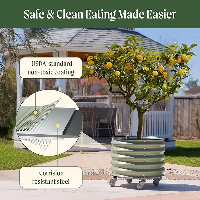 Rolling Metal Citrus Tree Planter, Self-Watering Round Planter Box for Porch Patio & Backyard, Raised Garden Bed with Wheels for Growing Trees Tomatoes Vegetables and Flowers, Twin Pack-Pearl White