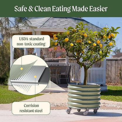 Rolling Metal Citrus Tree Planter, Self-Watering Round Planter Box for Porch Patio & Backyard, Raised Garden Bed with Wheels for Growing Trees Tomatoes Vegetables and Flowers, Twin Pack-Pearl White