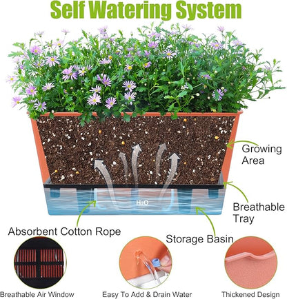 Oliz Window Box Planter 6 Pcs, 12.6 Inches Self Watering Rectangle Flower Plant Pots with Drainage Holes & Breathable Trays, Vegetable Planters for Windowsill Patio Garden Balcony Porch Yard (Orange)