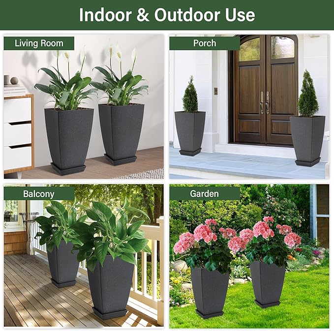 Set of 2 Tall Planter, 21 inch Large Plastic Planter with Drain Hole & Saucers, Large Outdoor Planters for Porch, Garden, Patio, Balcony(Lead Gray)