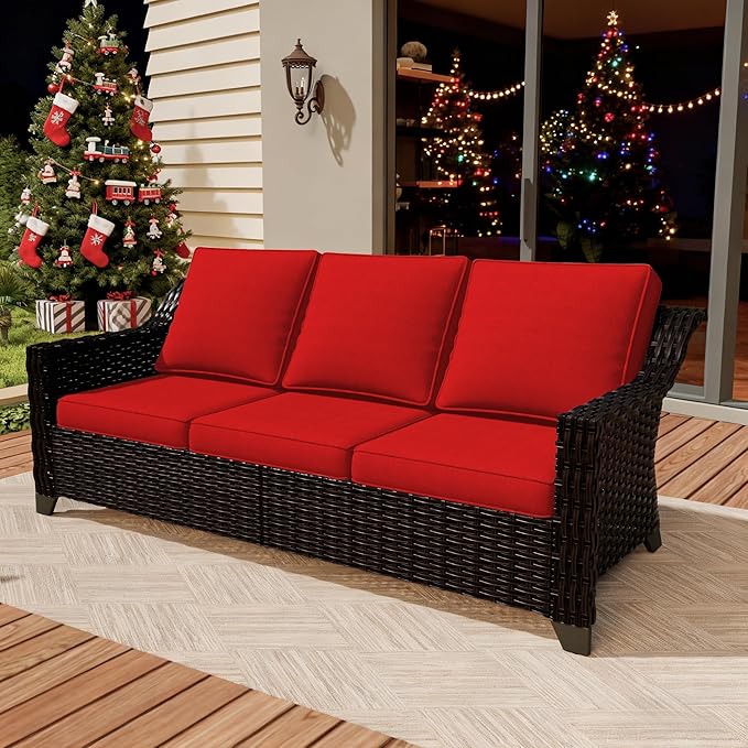 VistaVibe 78" Patio Wicker 3-seat Sofa, Deep Seat & Upholstered Loveseat, Outdoor All-Weather Rattan Couch with Removable Cushions, Steel Frame Couch for Garden, Poolside (Brown/Red)