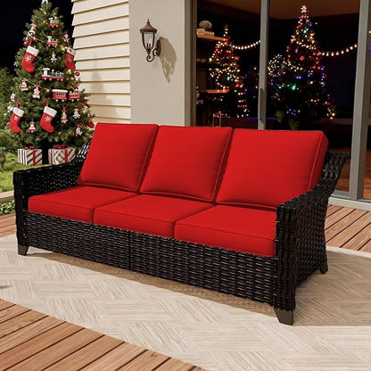 VistaVibe 78" Patio Wicker 3-seat Sofa, Deep Seat & Upholstered Loveseat, Outdoor All-Weather Rattan Couch with Removable Cushions, Steel Frame Couch for Garden, Poolside (Brown/Red)