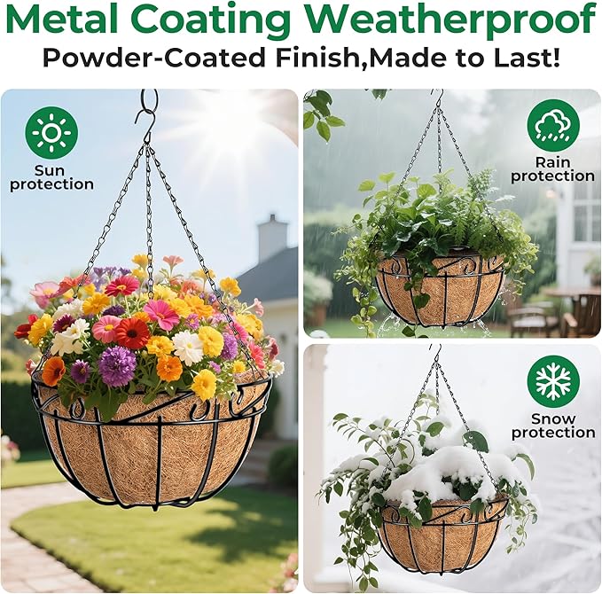 Amagabeli 4 Pack 14 Inch Metal Hanging Baskets Planter Outdoor Round Wire Hanging Basket for Plants with Coco Fiber Liners Chain Plant Holder for Garden Patio Deck Porch Plants Vegetables Flower Pots