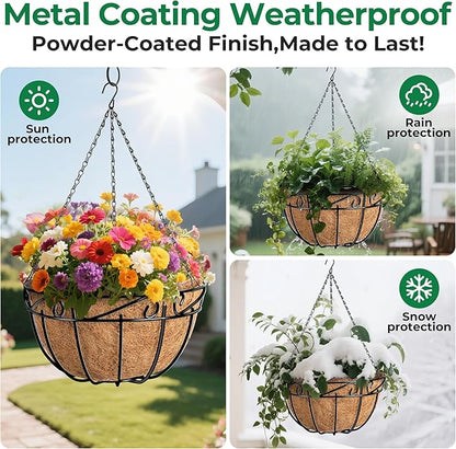 Amagabeli 4 Pack 14 Inch Metal Hanging Baskets Planter Outdoor Round Wire Hanging Basket for Plants with Coco Fiber Liners Chain Plant Holder for Garden Patio Deck Porch Plants Vegetables Flower Pots