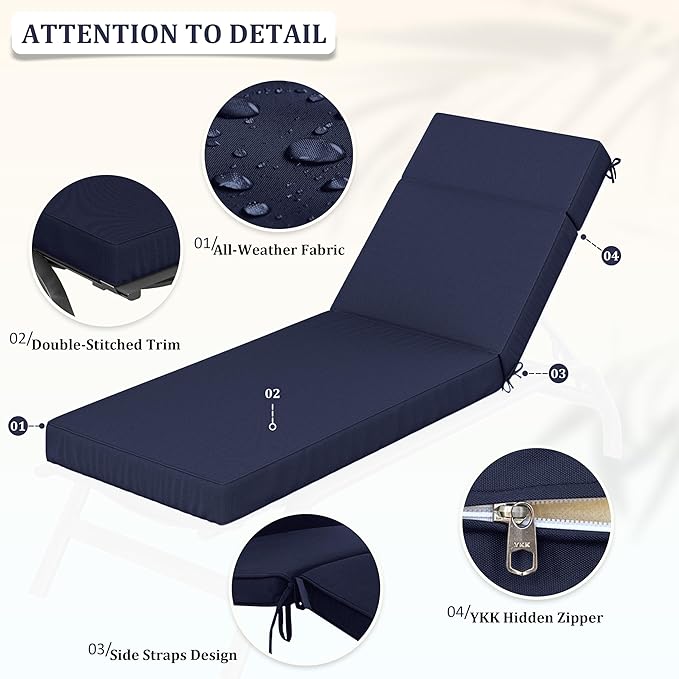 Chaise Lounge Cushions Outdoor, 80" L X 26" W X 4" D Lounge Chair Cushions for Outdoor Furniture, High-Density Foam Outdoor Chaise Cushion-Waterproof Fade-Resistant ThickPatio lounge chair cushion