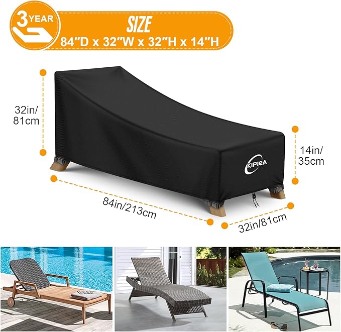 Kipiea Waterproof Patio Lounge Chair Covers for Outdoor Furniture, Heavy Duty Outdoor Chaise Lounge Cover with Anti UV and No Tears, No Fading (84"D x 32"W x 32"H)