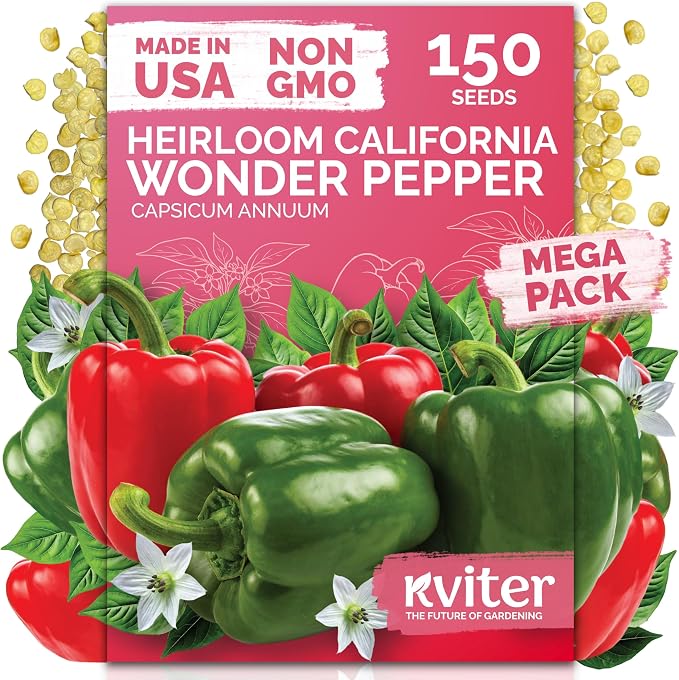 KVITER 150 California Wonder Sweet Pepper Seeds (Capsicum Annuum) - Cal Wonder, Mild Flavor, Heirloom, Non GMO Seed - Vegetable Seeds in Seed Packets for Outdoor Gardens, Containers, Raised Beds