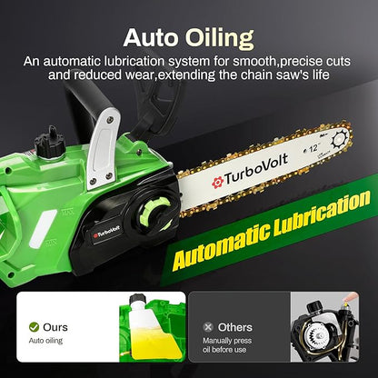 Cordless Chainsaw 12 Inch, 20V Battery Powered Electric Chainsaw with Brushless Motor, 4Ah Battery & Charger, Auto Oiler & Tool-Free Tension for Tree Pruning, Firewood, Trimming, Storm Cleanup