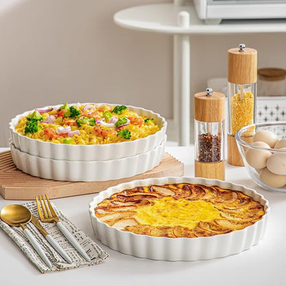 LOVECASA Porcelain Quiche Baking Dish,10 Inch Reusable Pie Pan Quiche Pan, Non-Stick Round Pie Dish, Tart Pan with Ruffled Edge,Pie Pan for Pies | Microwave,Dishwasher,and Oven Safe (White)