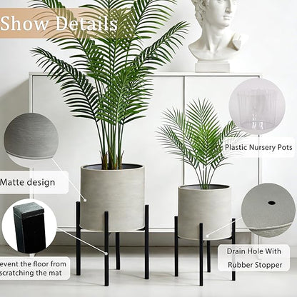ARNIS Modern Plant Pots, Set of 2 Large Planters with Stand, Decorative Planters, Metal Pots with Drainage Holes for Living Room, Office, Garden or Balcony, 8.25 &10.5 Inch, Grey