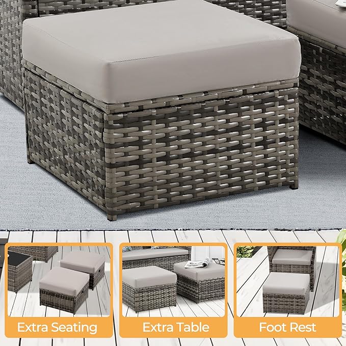FHFO 6 Pieces Outdoor Patio Furniture Set, Wicker Sectional Sofa Patio Conversation Set Couch with Ottomans Rattan Chair and Table for Garden, Yard,Gray-Gray