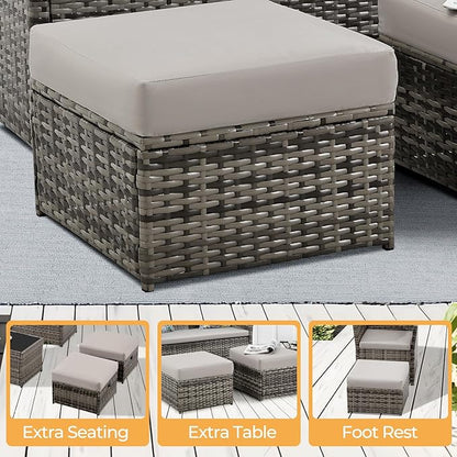 FHFO 6 Pieces Outdoor Patio Furniture Set, Wicker Sectional Sofa Patio Conversation Set Couch with Ottomans Rattan Chair and Table for Garden, Yard,Gray-Gray