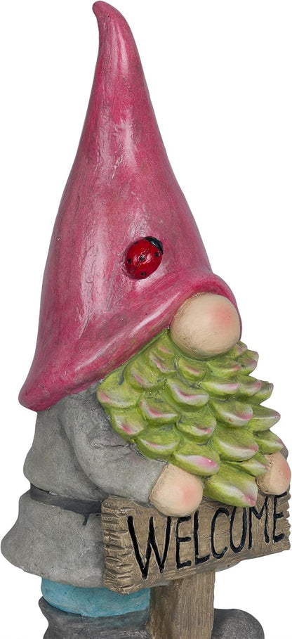 Alpine Corporation QWR1466 Gnome with Red Hat Holding “Welcome” Sign, Stylish Décor for Garden, Patio, & Pathway, 19" H, Multicolor