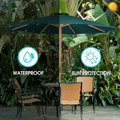 9FT Table Patio Outdoor Umbrella Market Round Umbrella with Pulley Lift Windproof & Waterproof, 8 Ribs with Polyester Cover for Garden, Deck, Pool, lawn, Backyard